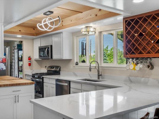 Interior, Kitchen, Pendant Lights, Recessed Lighting, Stainless Steel Appliances, Wooden Ceilings