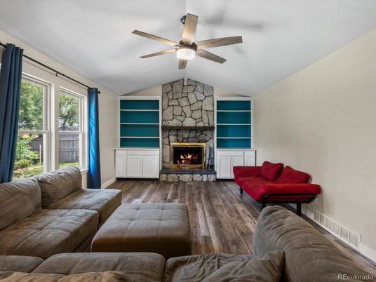 Fireplace, Interior, Living room, Stone Walls, Wood Texture Flooring