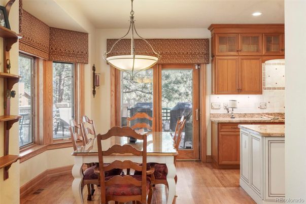 Dining room, Interior, Pendant Lights, Recessed Lighting, Wood Texture Flooring