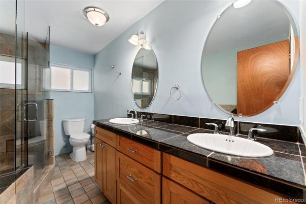 Bathroom, Dual Sink Vanities, Glass Shower, Interior, Tile Countertops