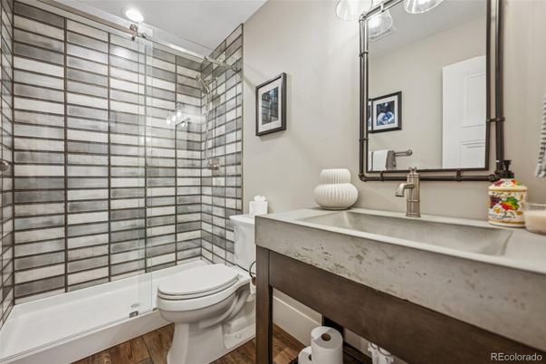 Bathroom, Glass Shower, Interior, Wood Texture Flooring