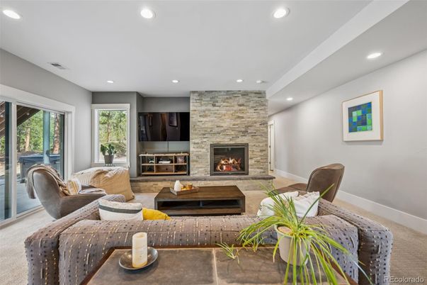 Fireplace, Interior, Living room, Recessed Lighting, Stone Walls