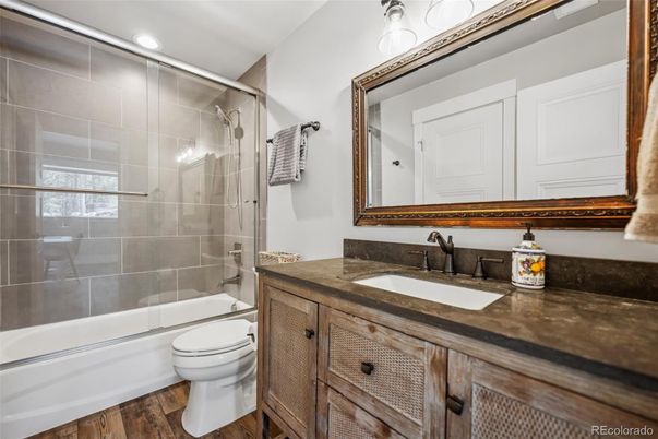 Bathroom, Glass Shower, Interior, Recessed Lighting, Wood Texture Flooring
