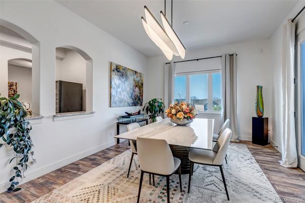 Dining room, Interior, Pendant Lights, Wood Texture Flooring