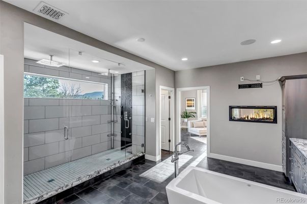 Bathroom, Fireplace, Glass Shower, Interior, Recessed Lighting