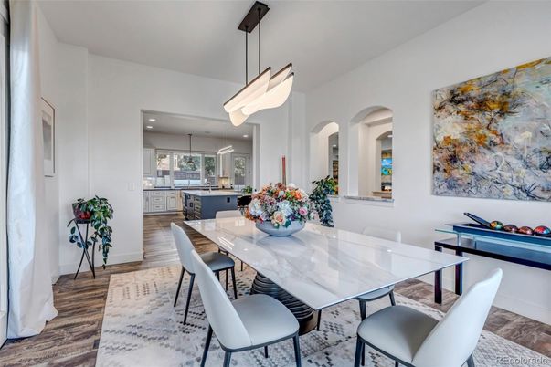 Dining room, Interior, Kitchen, Pendant Lights, Recessed Lighting, Wood Texture Flooring