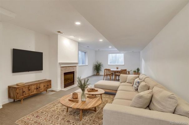 Dining room, Fireplace, Interior, Living room, Recessed Lighting
