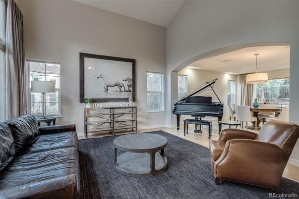 Dining room, Interior, Living room, Pendant Lights, Piano, Wood Texture Flooring