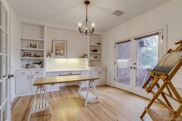 Chandelier, Home Office, Interior, Wood Texture Flooring