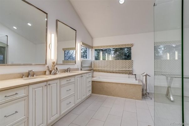 Bathroom, Dual Sink Vanities, Glass Shower, Interior, Recessed Lighting