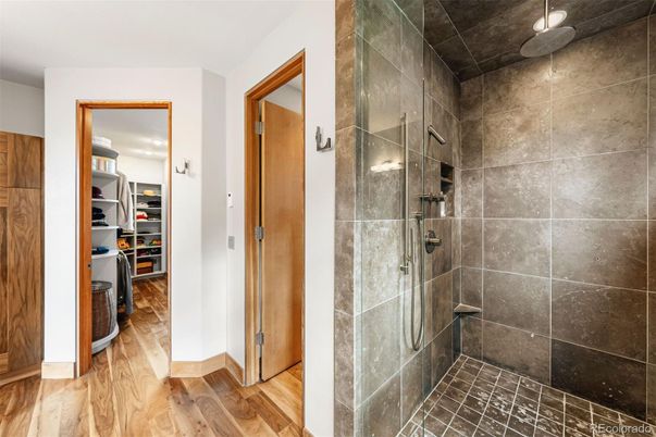 Bathroom, Glass Shower, Interior, Wood Texture Flooring