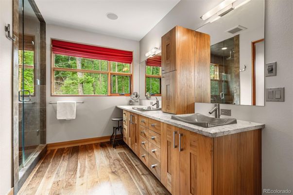 Bathroom, Dual Sink Vanities, Glass Shower, Interior, Wood Texture Flooring