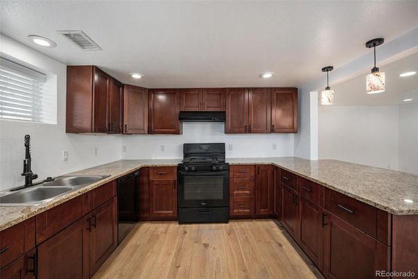 Interior, Kitchen, Pendant Lights, Recessed Lighting, Wood Texture Flooring