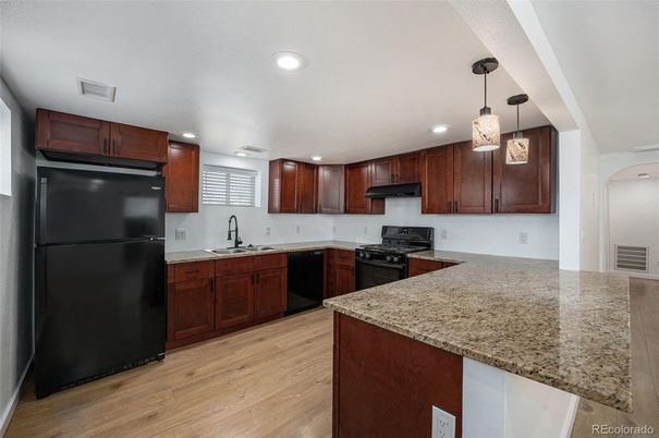 Interior, Kitchen, Pendant Lights, Recessed Lighting, Wood Texture Flooring