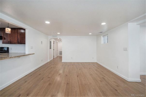 Empty room, Interior, Pendant Lights, Recessed Lighting, Wood Texture Flooring