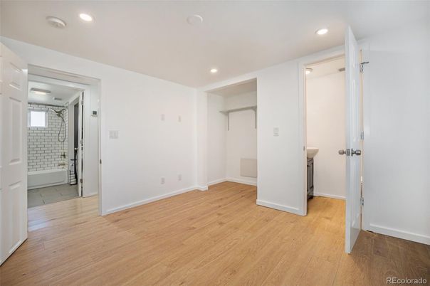 Bathroom, Empty room, Interior, Recessed Lighting, Wood Texture Flooring