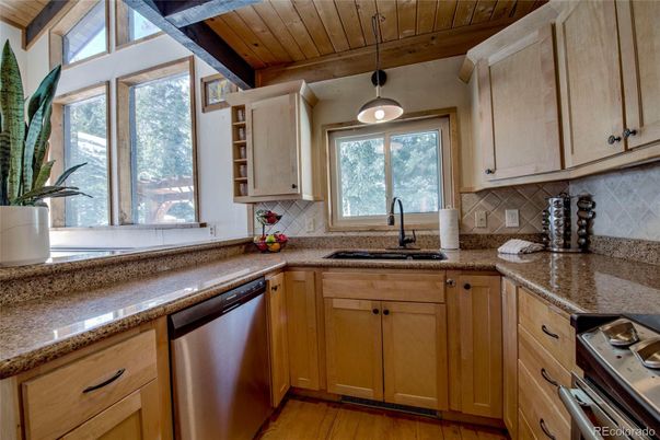Interior, Kitchen, Pendant Lights, Stainless Steel Appliances, Wooden Beams, Wooden Ceilings, Wood Texture Flooring