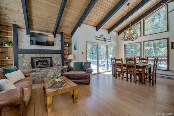 Dining room, Fireplace, Interior, Living room, Wooden Beams, Wooden Ceilings, Wood Texture Flooring