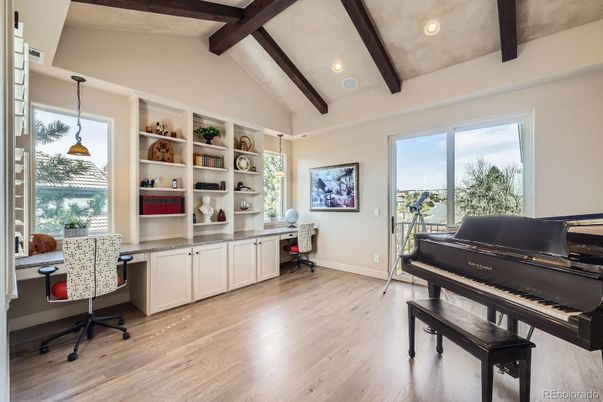 Home Office, Interior, Pendant Lights, Piano, Recessed Lighting, Wooden Beams, Wood Texture Flooring