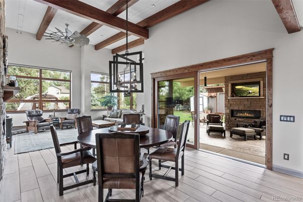 Dining room, Fireplace, Interior, Pendant Lights, Wooden Beams, Wood Texture Flooring