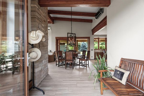Dining room, Interior, Pendant Lights, Stone Walls, Wooden Beams, Wood Texture Flooring