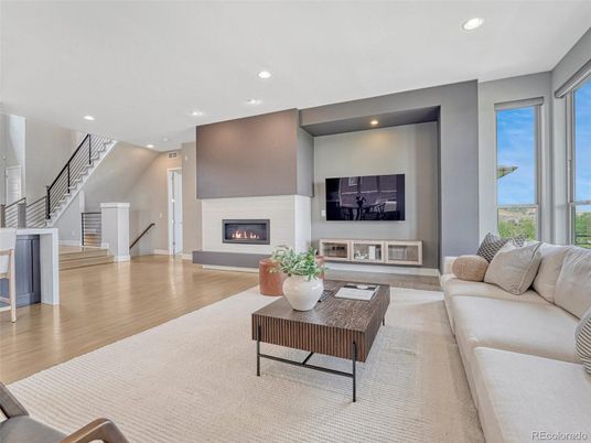 Fireplace, Interior, Living room, Recessed Lighting, Wood Texture Flooring