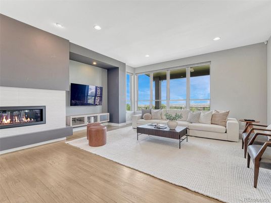 Fireplace, Interior, Living room, Recessed Lighting, Wood Texture Flooring