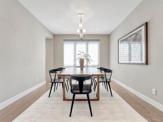 Dining room, Interior, Pendant Lights, Recessed Lighting, Wood Texture Flooring