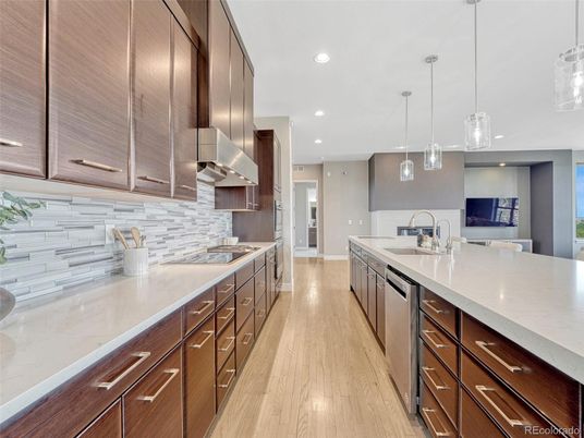 Interior, Kitchen, Pendant Lights, Recessed Lighting, Stainless Steel Appliances, Wood Texture Flooring