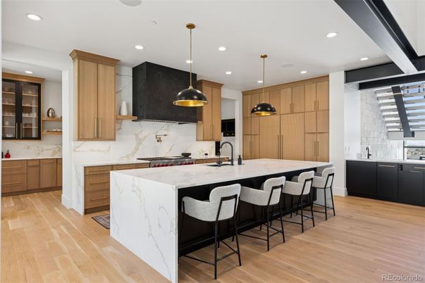 Interior, Kitchen, Marble Walls, Pendant Lights, Recessed Lighting, Wood Texture Flooring