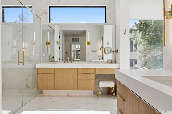 Bathroom, Dual Sink Vanities, Glass Shower, Interior, Marble, Marble Walls
