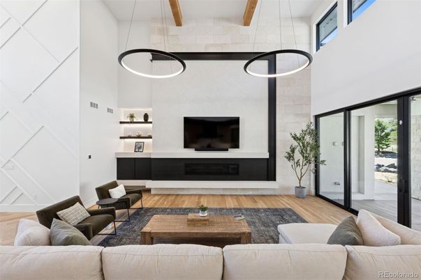 Fireplace, Interior, Living room, Pendant Lights, Stone Walls, Wood Texture Flooring