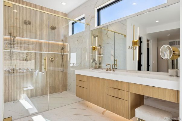 Bathroom, Glass Shower, Interior, Marble, Marble Walls, Recessed Lighting