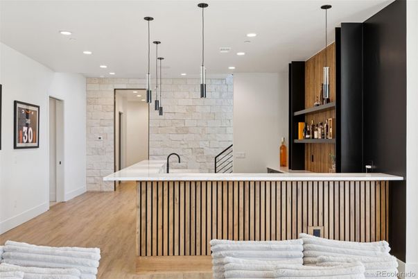 Interior, Pendant Lights, Recessed Lighting, Stone Walls, Wood Texture Flooring