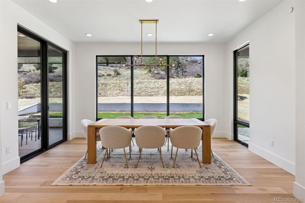Dining room, Interior, Pendant Lights, Recessed Lighting, Wood Texture Flooring
