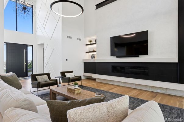 Fireplace, Interior, Living room, Pendant Lights, Wood Texture Flooring
