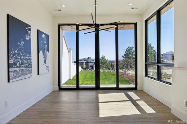 Empty room, Interior, Pendant Lights, Recessed Lighting, Wood Texture Flooring