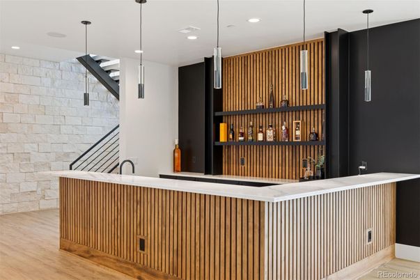 Interior, Pendant Lights, Recessed Lighting, Stone Walls, Wood Texture Flooring