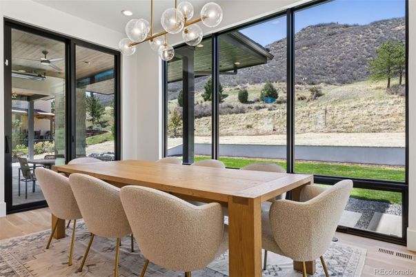 Dining room, Interior, Pendant Lights, Wood Texture Flooring
