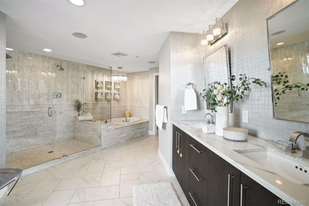 Bathroom, Dual Sink Vanities, Glass Shower, Interior, Marble, Recessed Lighting