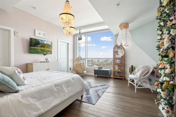 Bedroom, Chandelier, Interior, Wood Texture Flooring