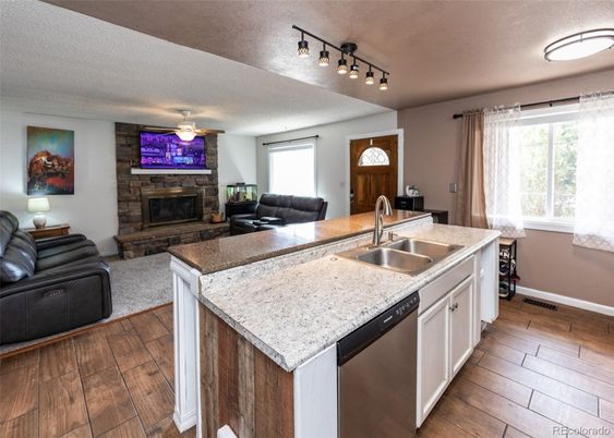 Fireplace, Interior, Kitchen, Living room, Wood Texture Flooring
