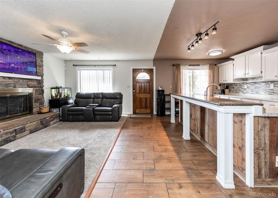 Fireplace, Interior, Kitchen, Living room, Wood Texture Flooring
