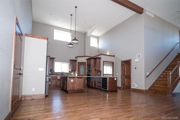 Interior, Kitchen, Pendant Lights, Recessed Lighting, Wood Texture Flooring