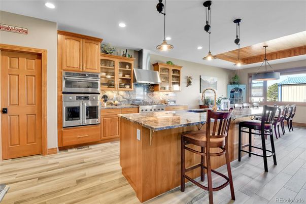 Interior, Kitchen, Pendant Lights, Recessed Lighting, Stainless Steel Appliances, Wooden Ceilings, Wood Texture Flooring