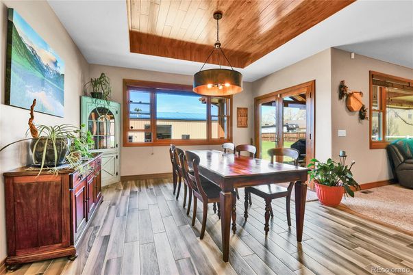 Dining room, Interior, Pendant Lights, Wooden Ceilings, Wood Texture Flooring