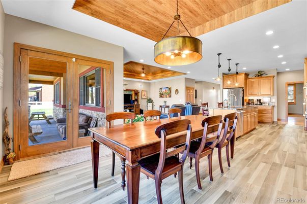 Dining room, Interior, Kitchen, Pendant Lights, Recessed Lighting, Wooden Ceilings, Wood Texture Flooring