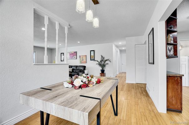 Dining room, Interior, Pendant Lights, Recessed Lighting, Wood Texture Flooring