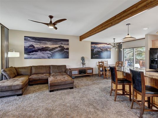 Dining room, Interior, Living room, Pendant Lights, Recessed Lighting, Wooden Beams