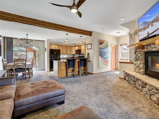 Dining room, Fireplace, Interior, Kitchen, Pendant Lights, Recessed Lighting, Stone Walls